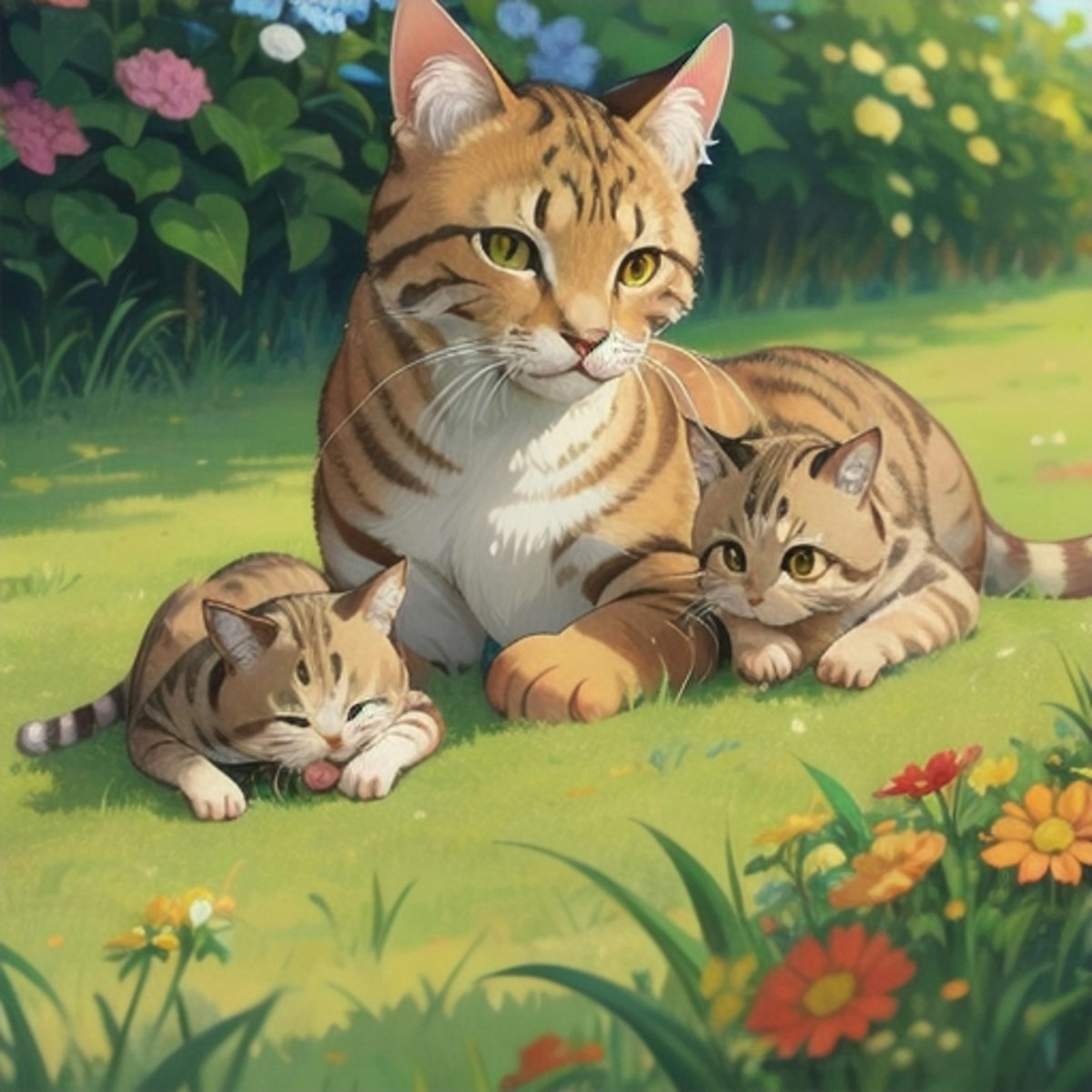 庭の母猫子猫 | chichi-pui（ちちぷい）AIイラスト専用の投稿サイト