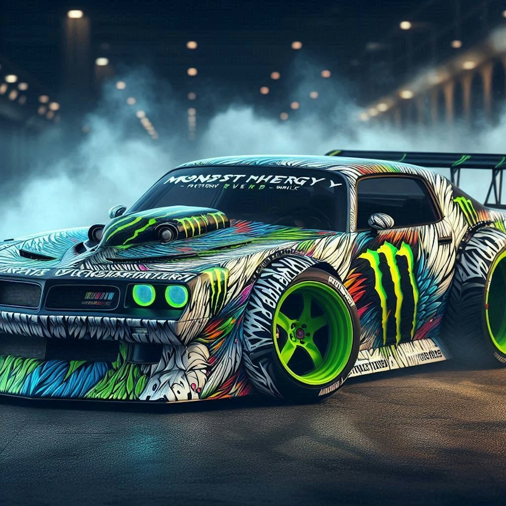 モンスターエナジー柄のポンティアックファイヤーバードトランザムのドリ車