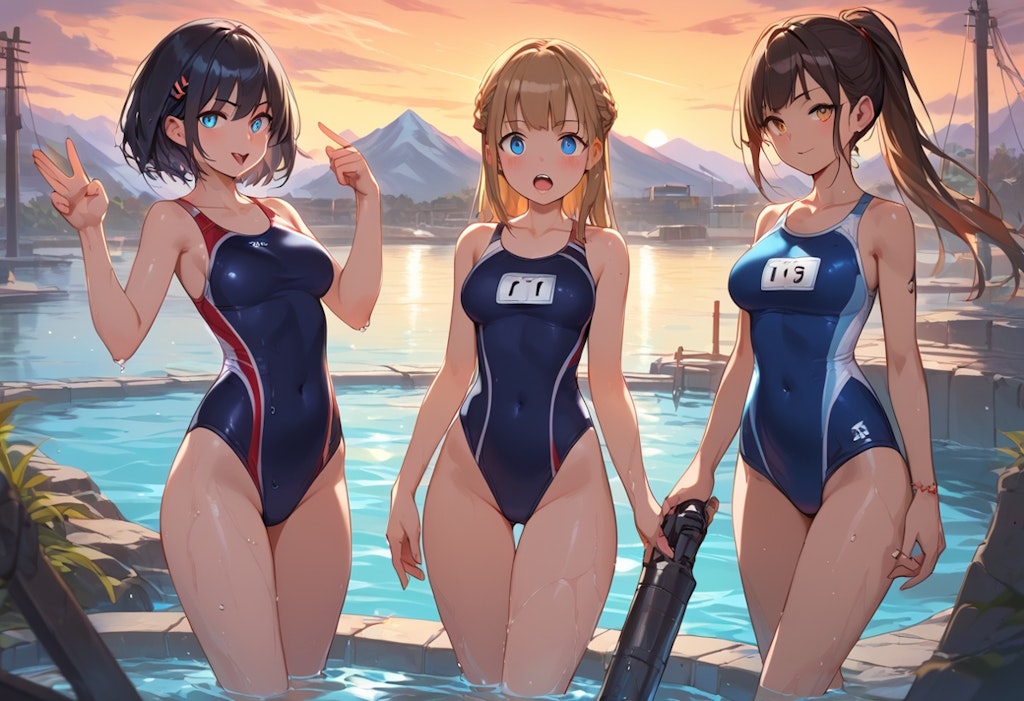 スク水3人娘の水遊び