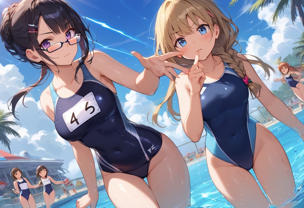 スク水3人娘の水遊び