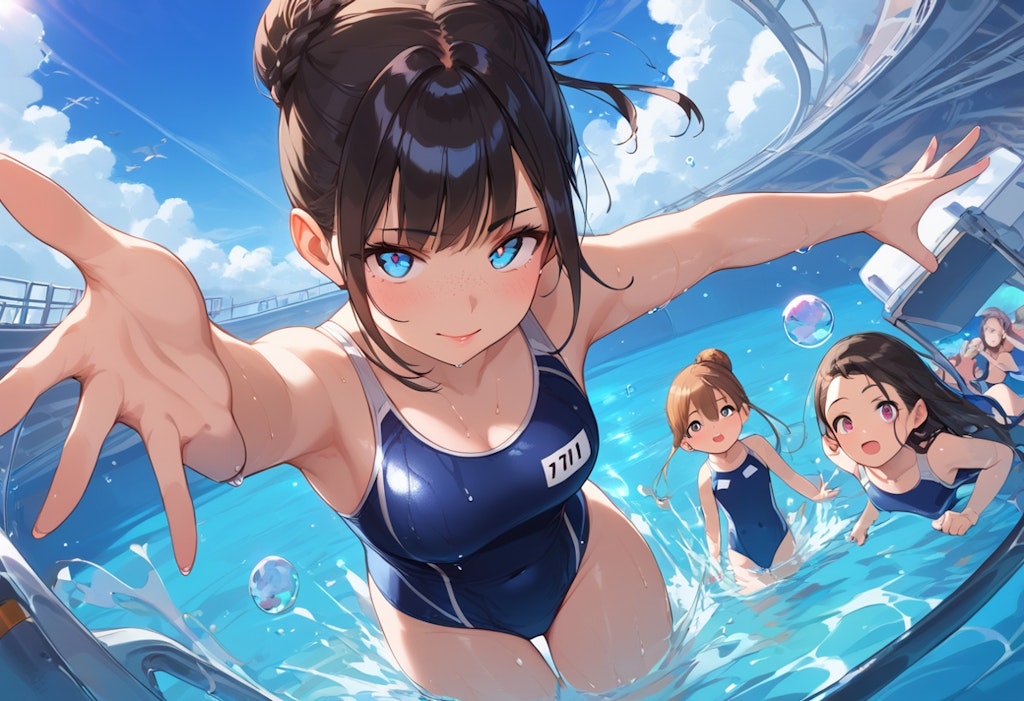 スク水3人娘の水遊び