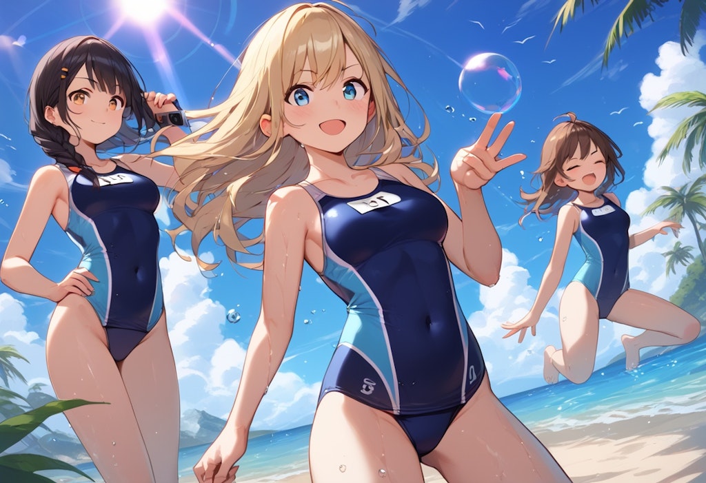 スク水3人娘の水遊び