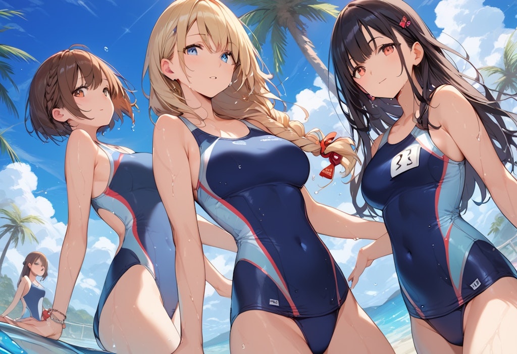 スク水3人娘の水遊び