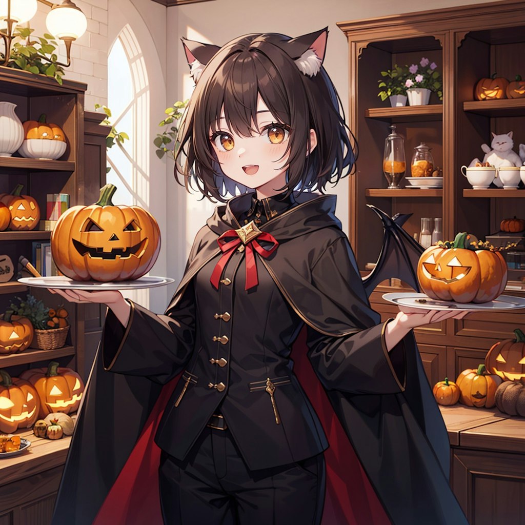 ハロウィンの飾りつけをした喫茶店でヴァンパイア衣装を着用して働く猫娘