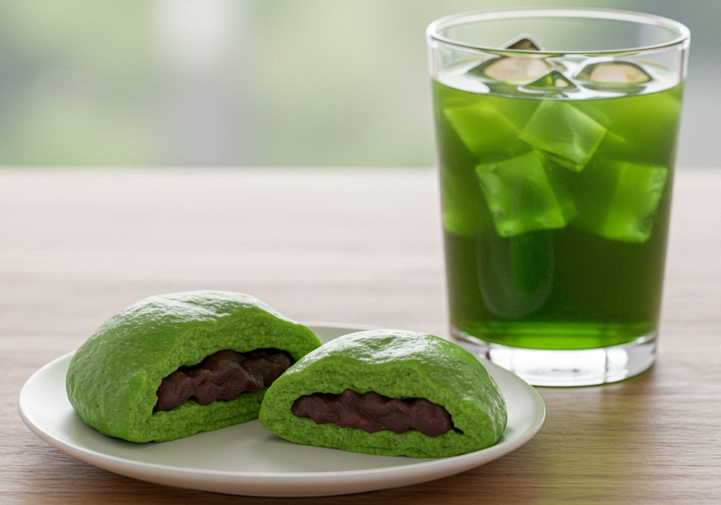 デザートの蓬餅と冷たい緑茶のセット