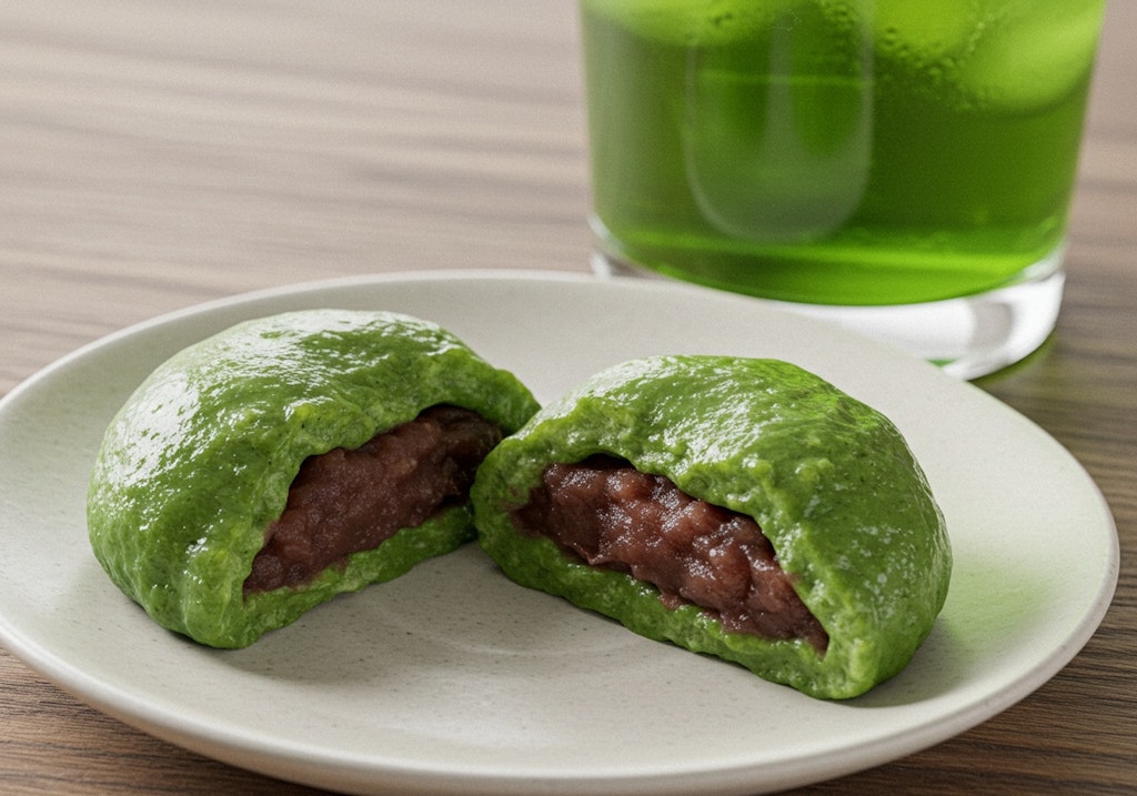 デザートの蓬餅と冷たい緑茶のセット