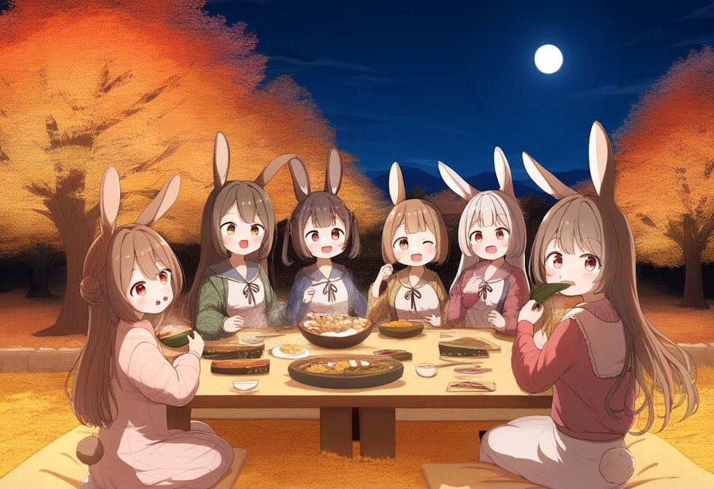 ウサギ少女達の食事風景