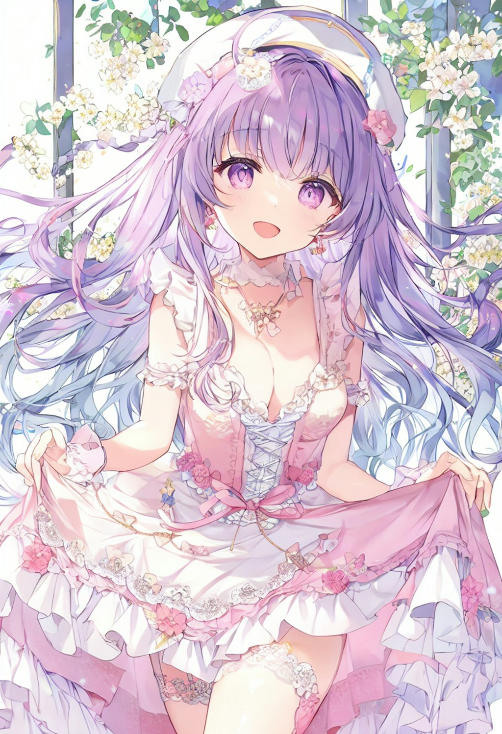 A girl with wavy purple hair and lace lingerie