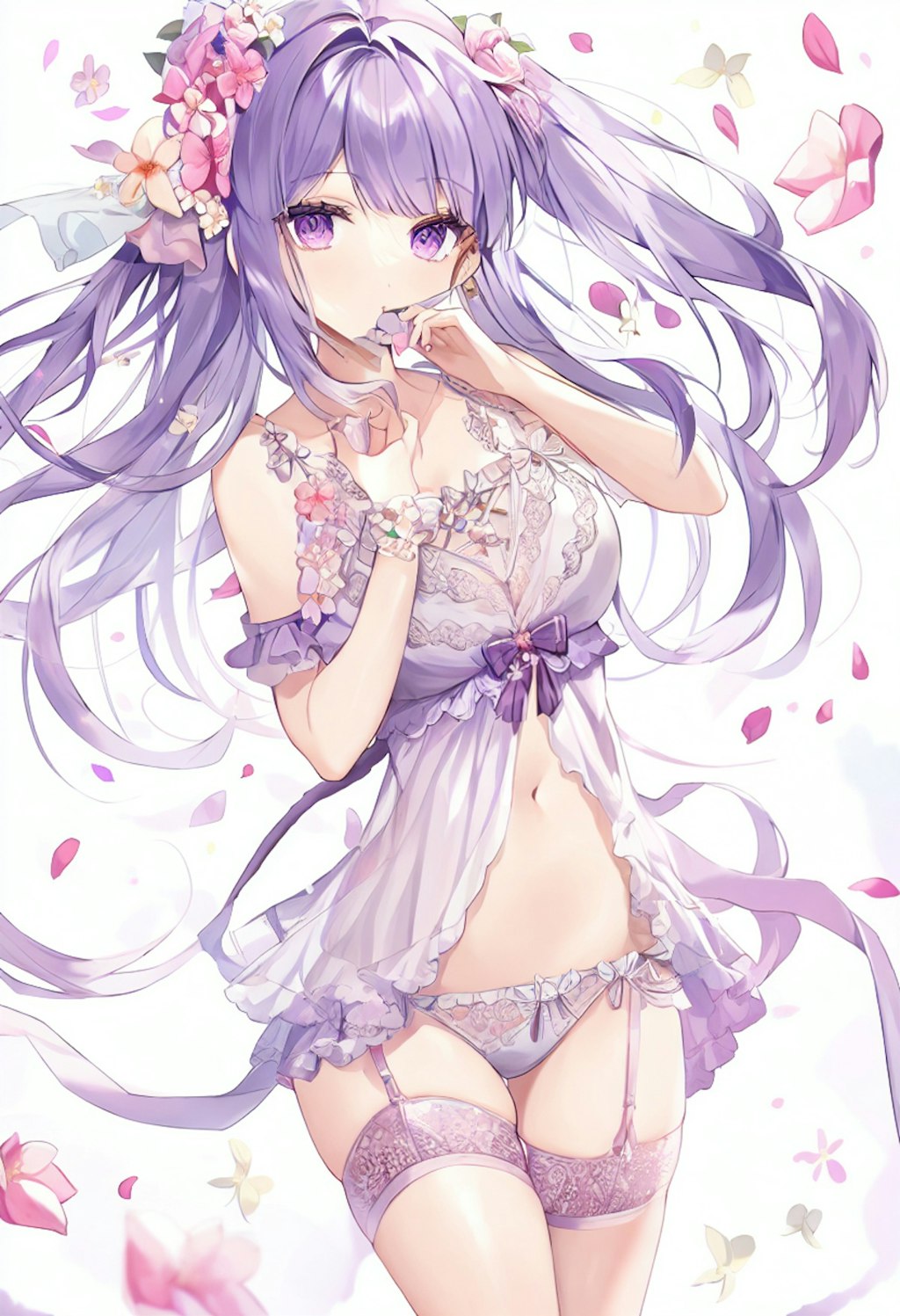 A girl with wavy purple hair and lace lingerie