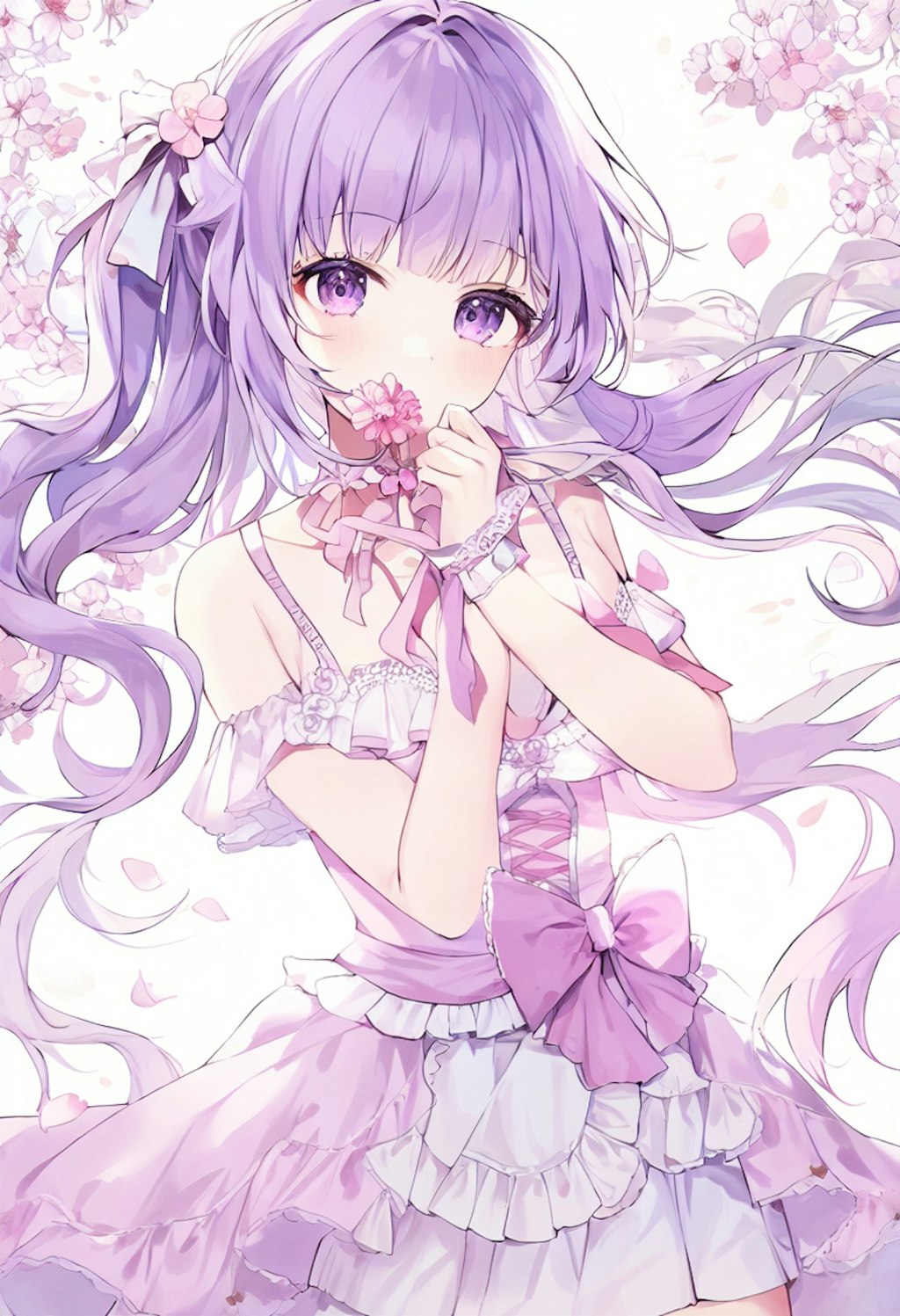 A girl with wavy purple hair and lace lingerie