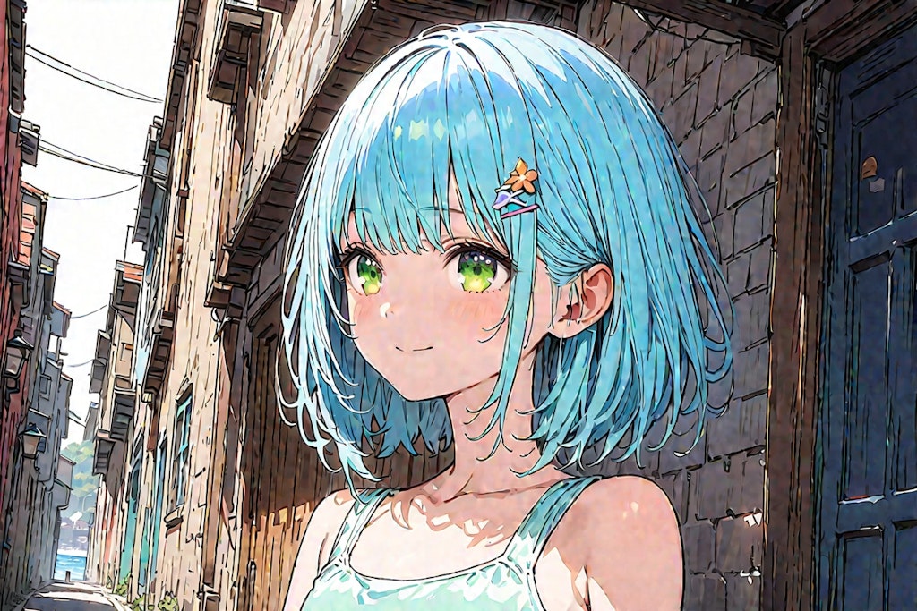 Blue-haired girl in a narrow alley