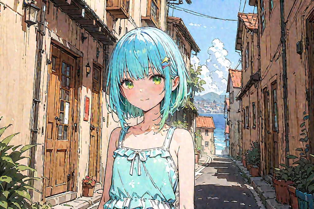 Blue-haired girl in a narrow alley