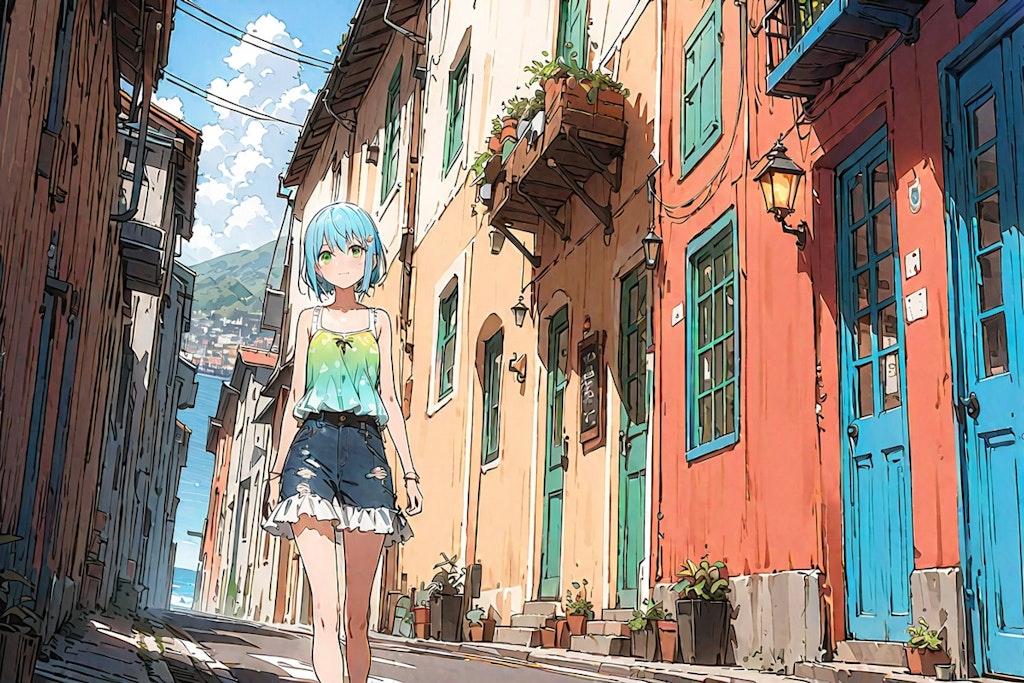 Blue-haired girl in a narrow alley