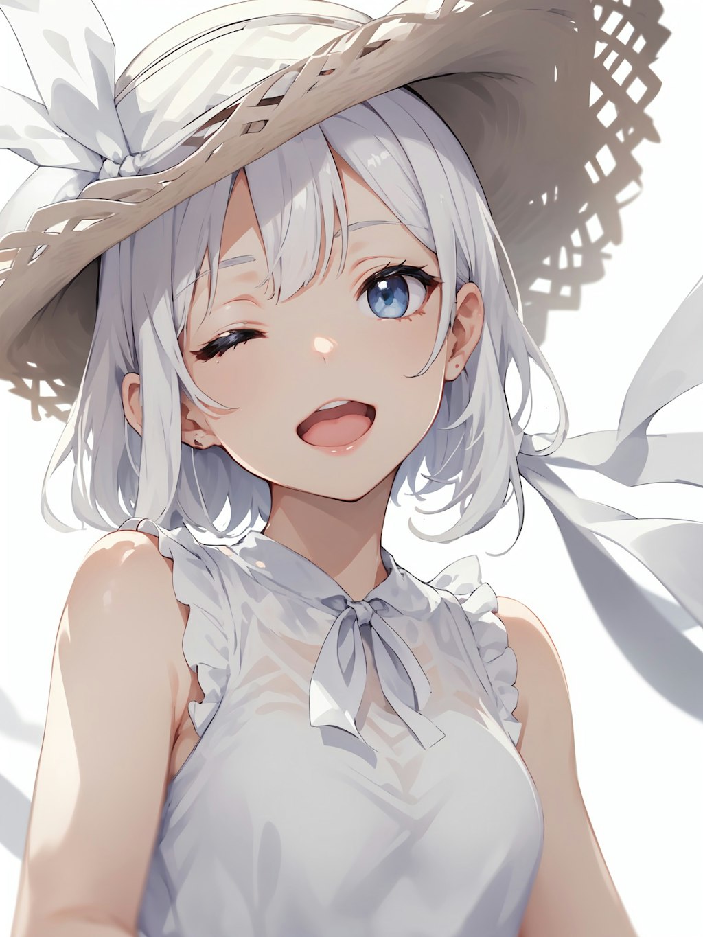 white ribbon straw hat girl