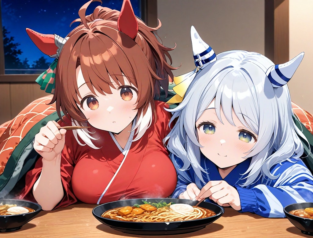 年越しそばを食べるダンツちゃんとミラ子さん