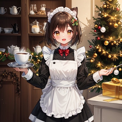 クリスマスパーティで珈琲を運ぶ喫茶店で働く猫娘