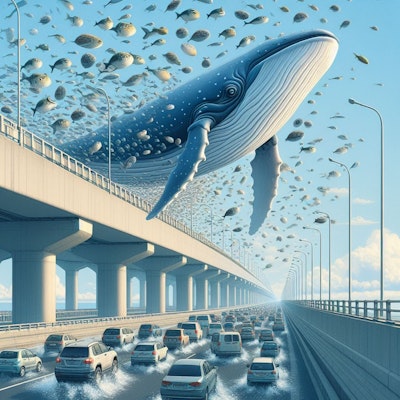 関門橋上空に浮かぶ巨大クジラと無数のフグ