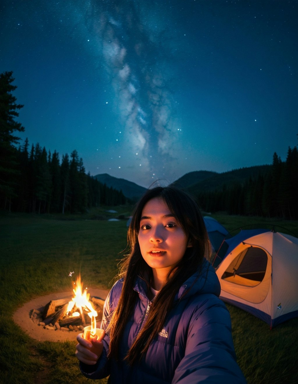 満天の星空の下、美女と・・・