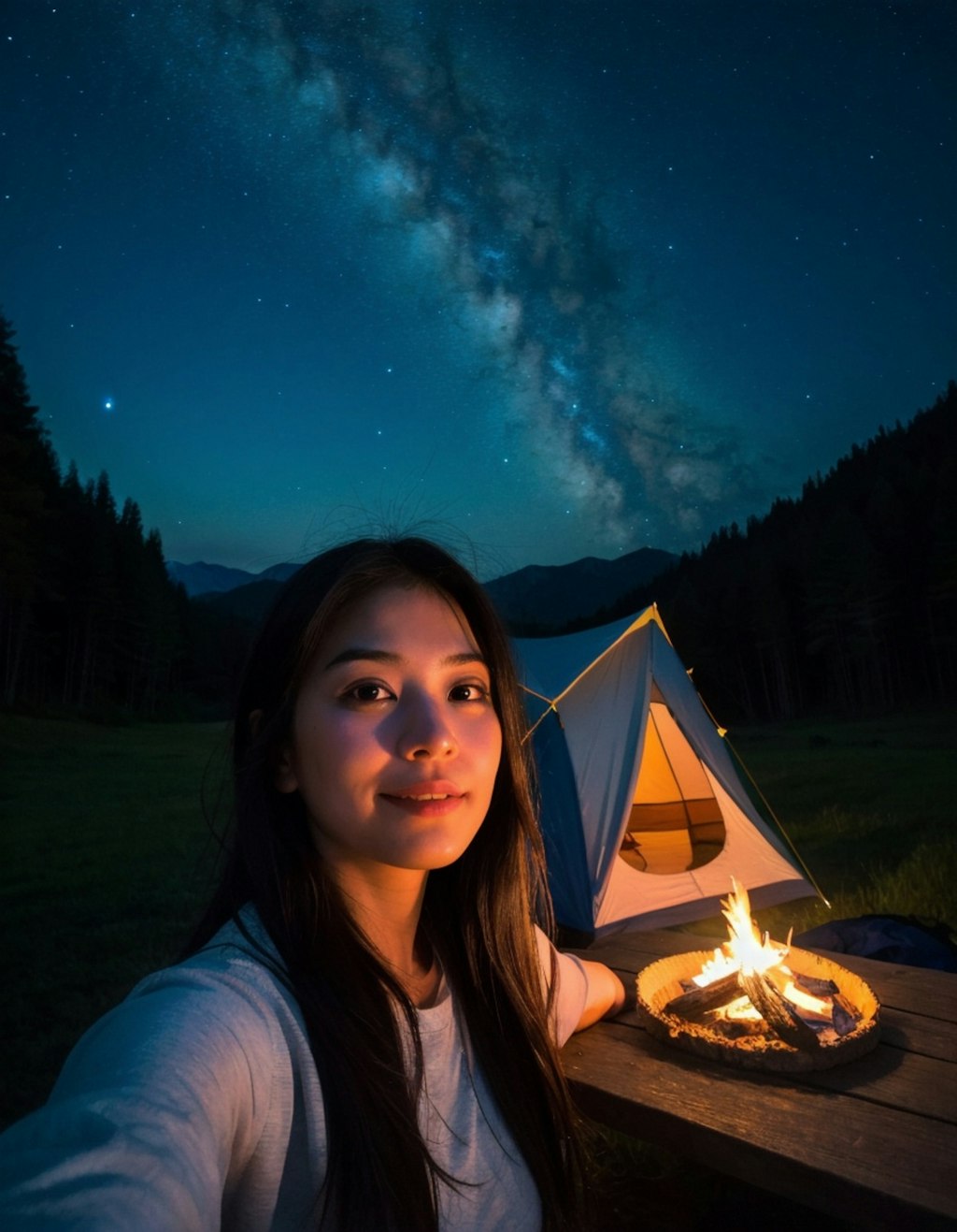 満天の星空の下、美女と・・・