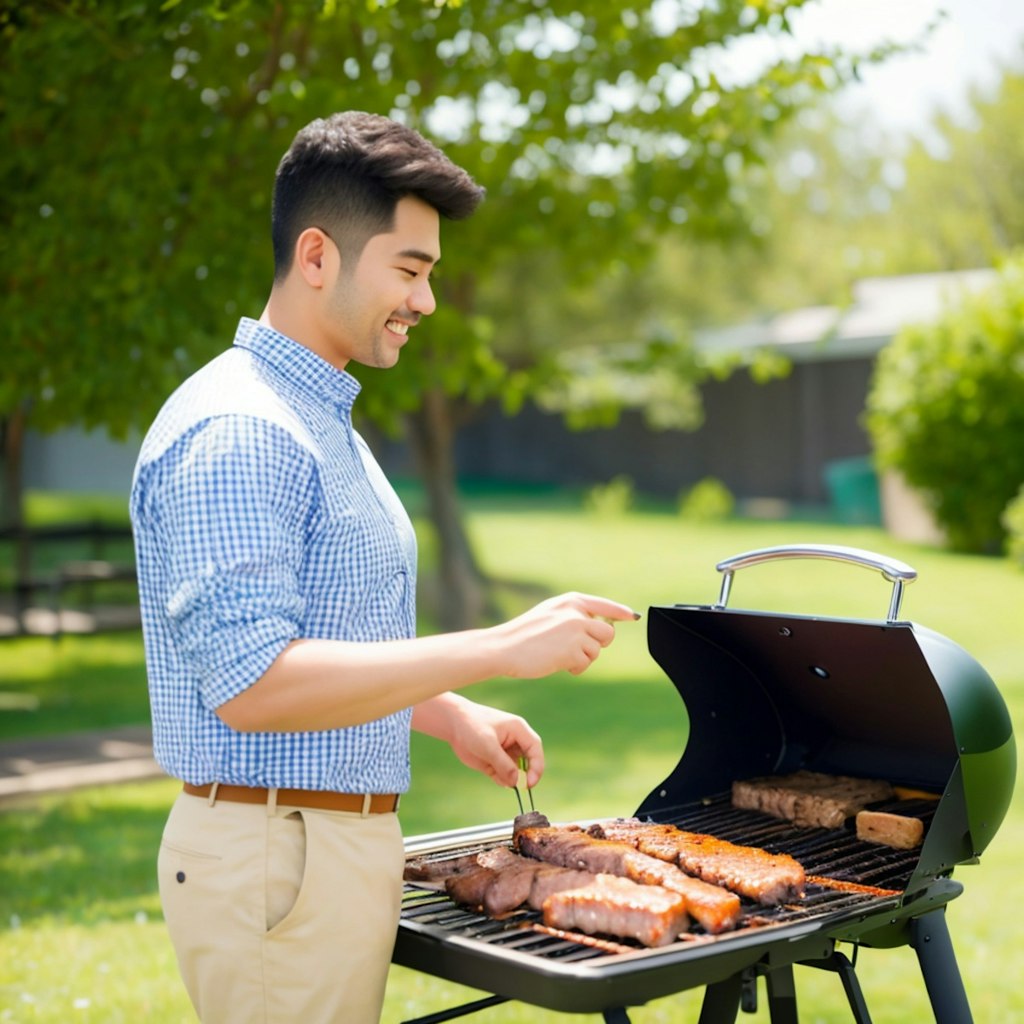 ホームパーティーで肉を焼くお父さん