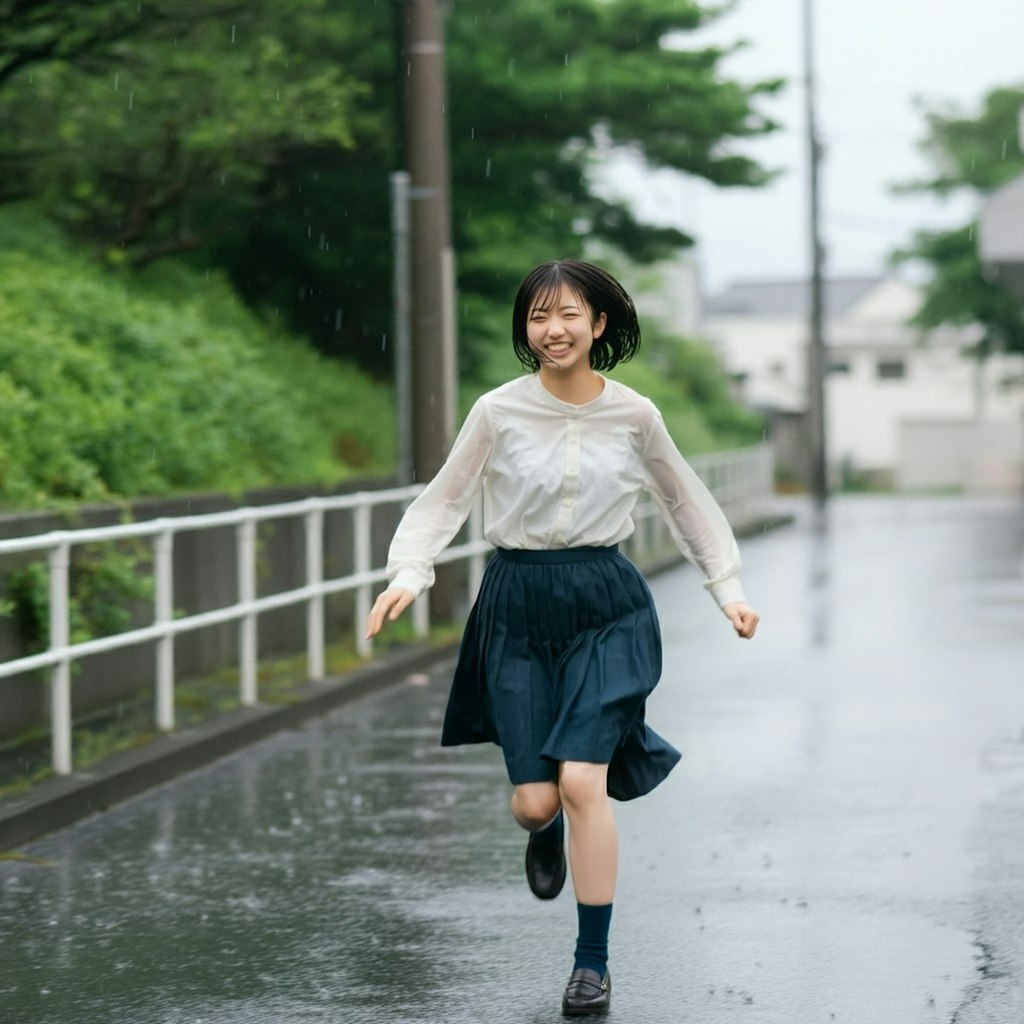 雨の中笑顔で走る少女