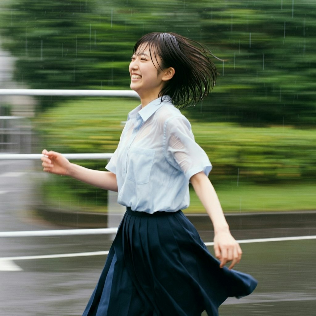 雨の中笑顔で走る少女