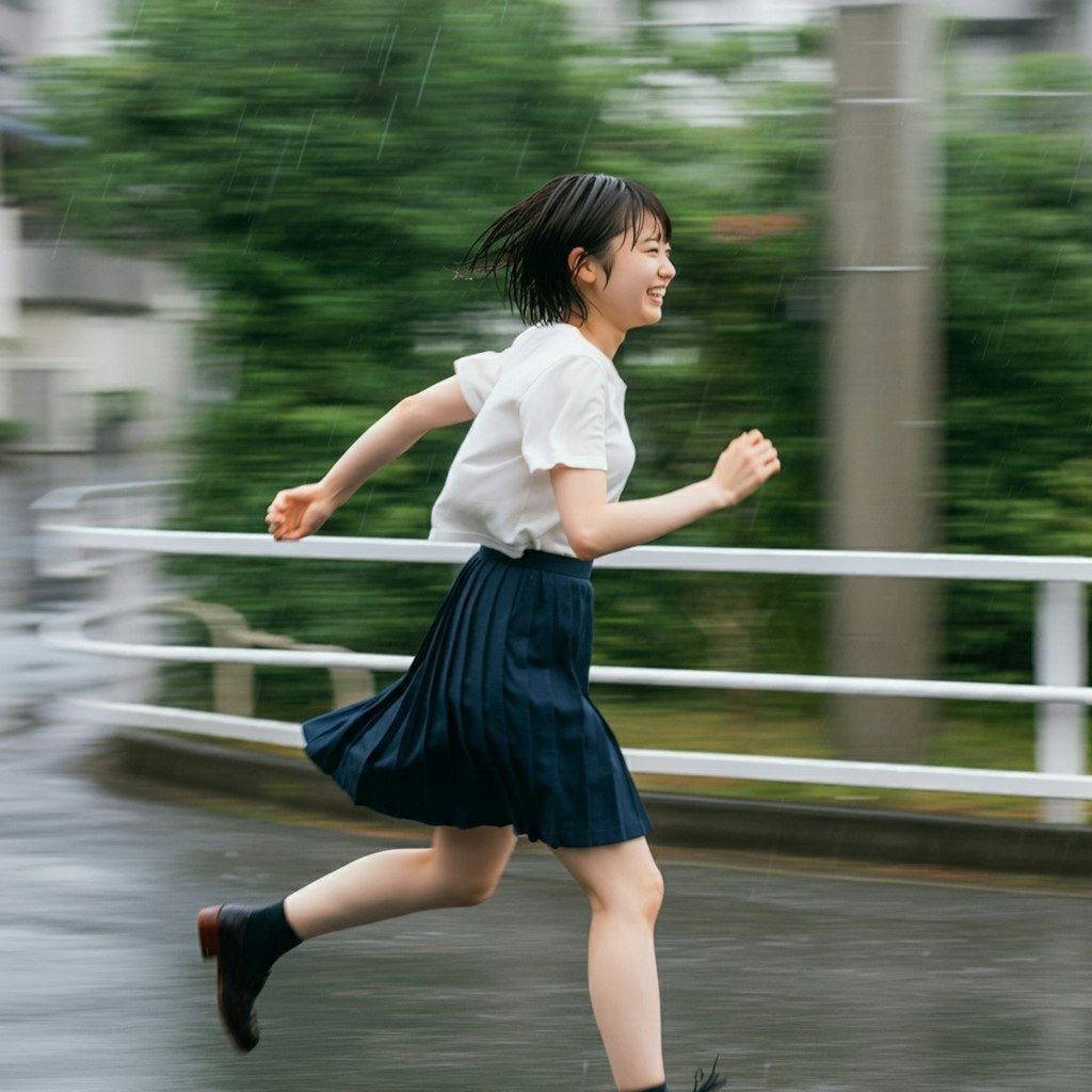 雨の中笑顔で走る少女