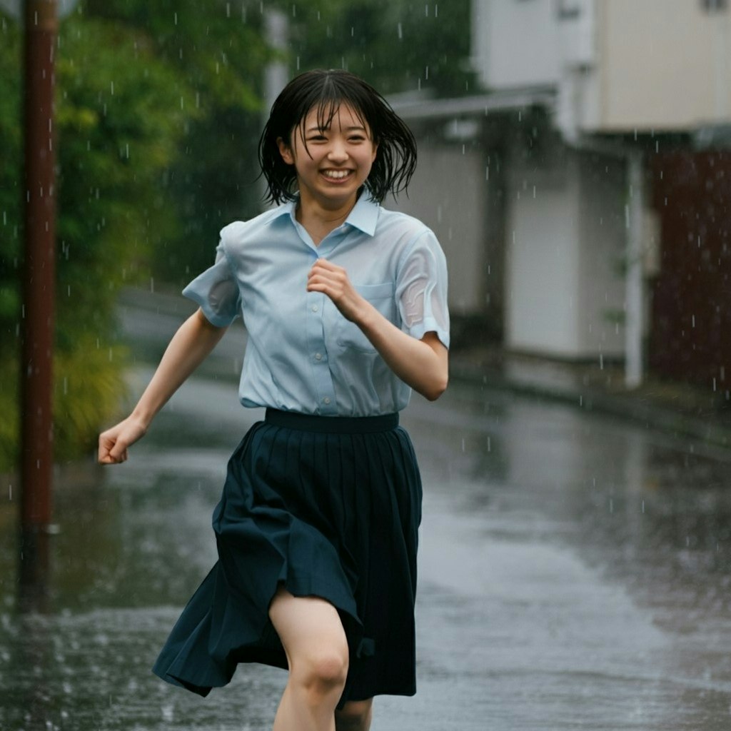 雨の中笑顔で走る少女