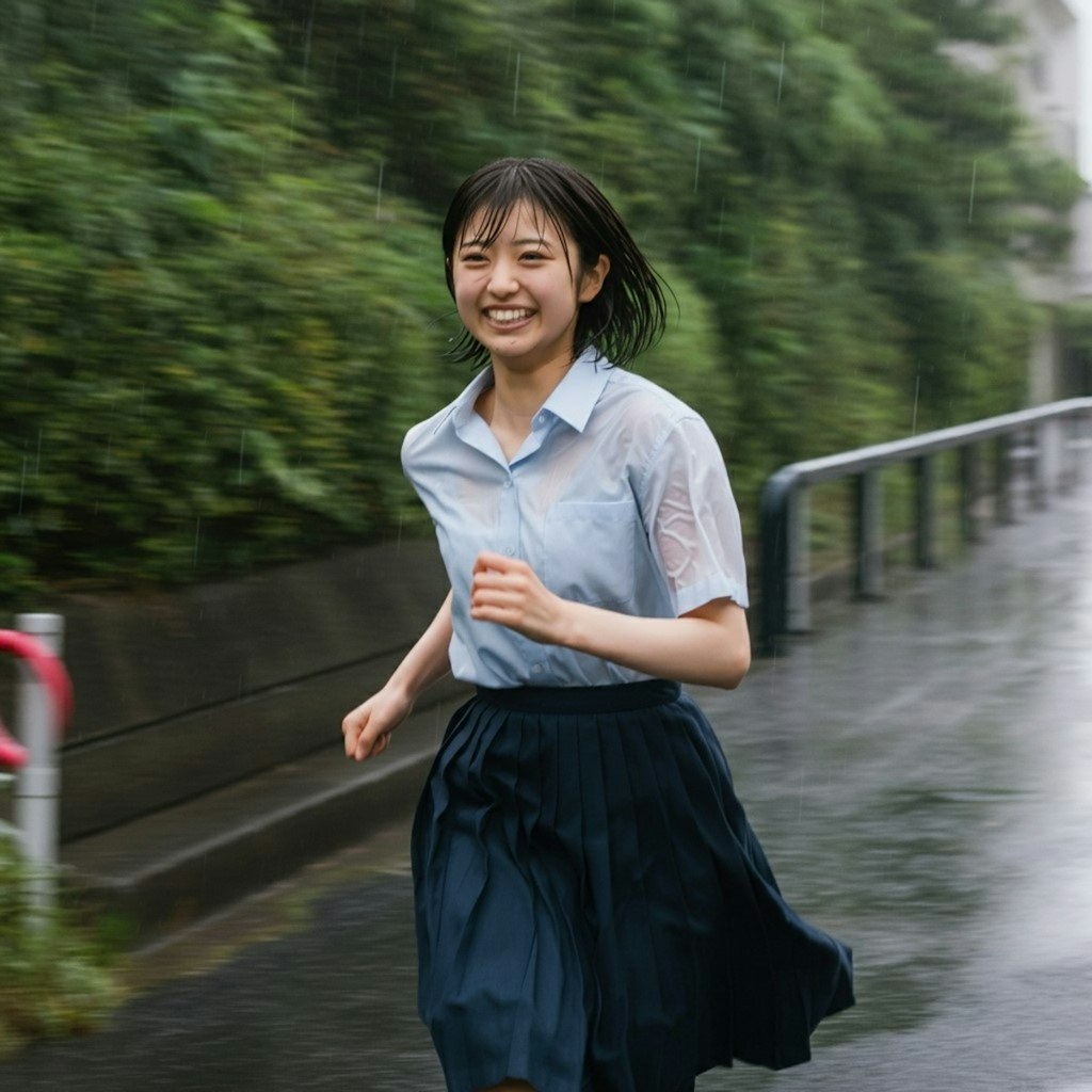 雨の中笑顔で走る少女