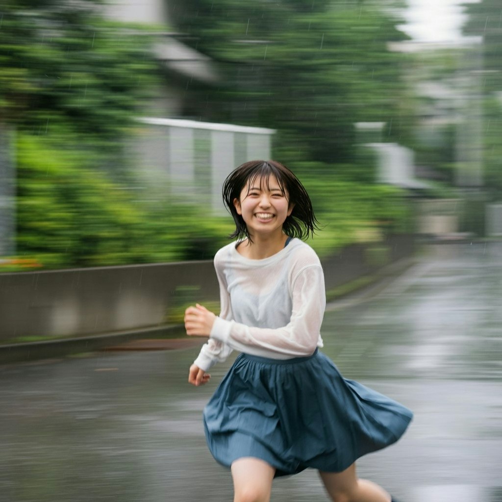 雨の中笑顔で走る少女