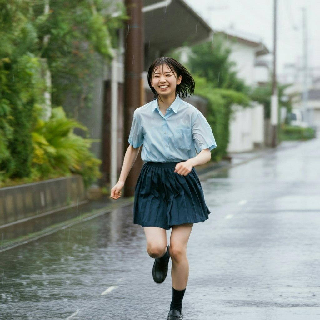 雨の中笑顔で走る少女