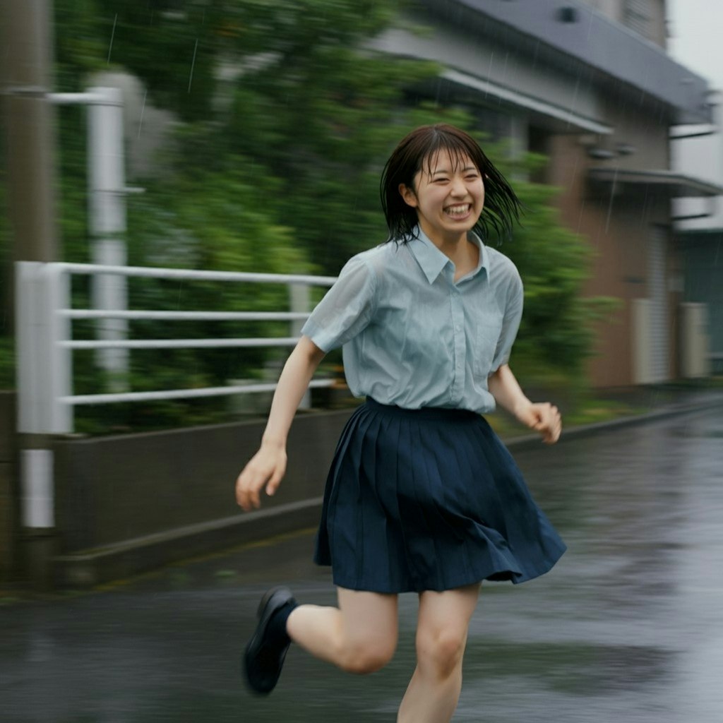 雨の中笑顔で走る少女