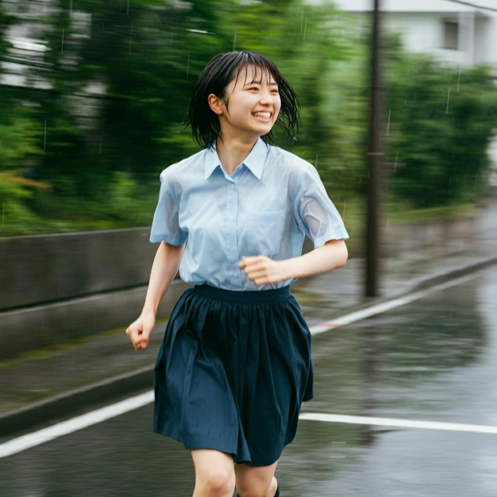 雨の中笑顔で走る少女