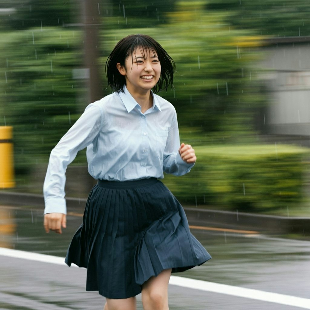 雨の中笑顔で走る少女