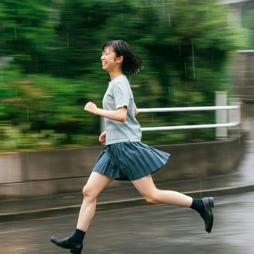 雨の中笑顔で走る少女