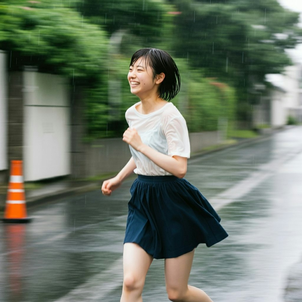 雨の中笑顔で走る少女