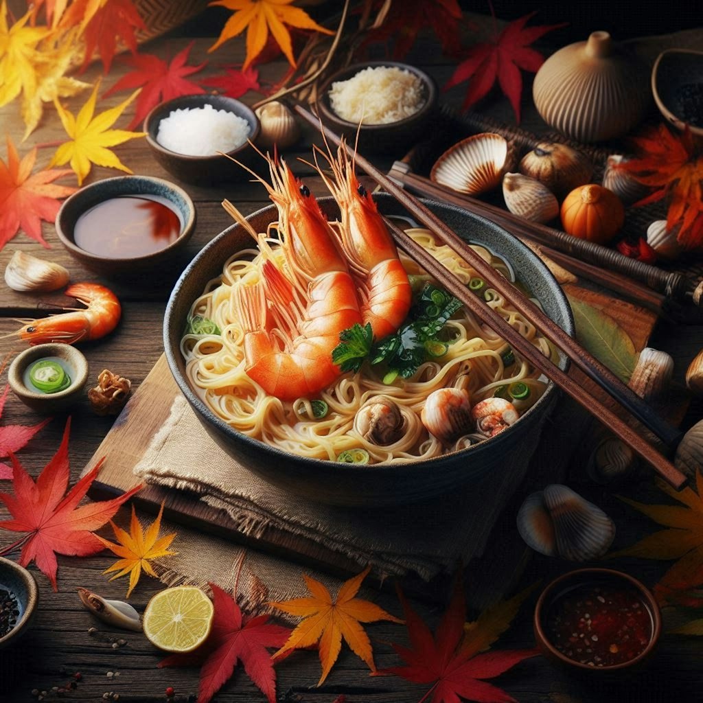 紅葉狩りで食べるseafood noodle