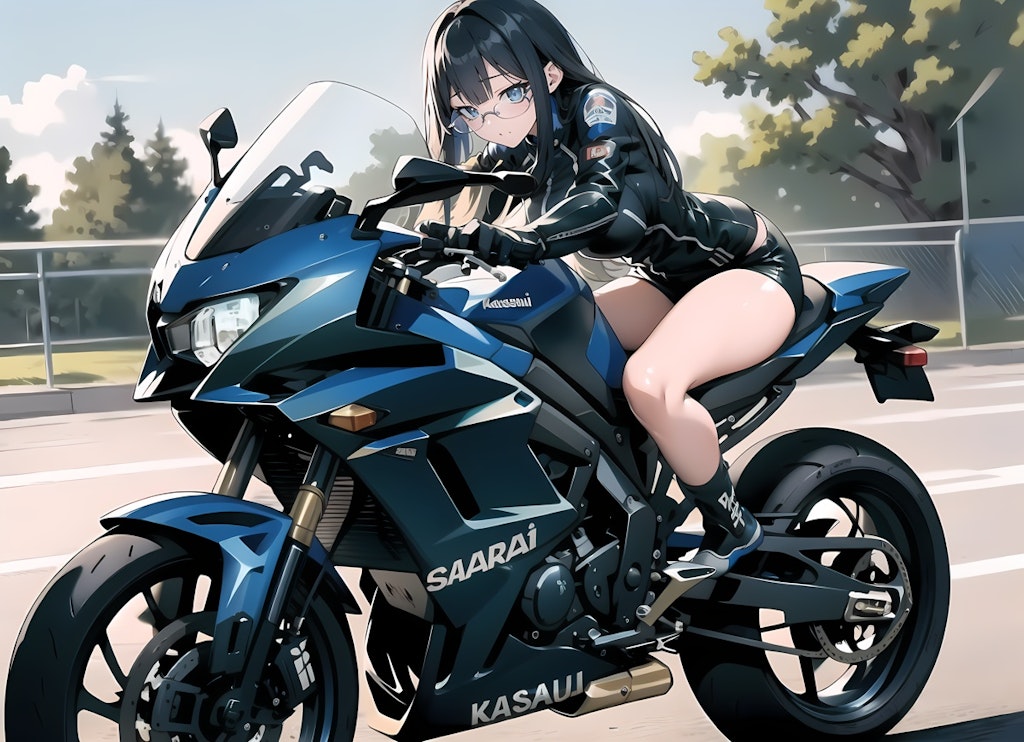 ブルアカ 七神リン風巨乳エルフ♪バイクに乗ってみた♡（12枚）