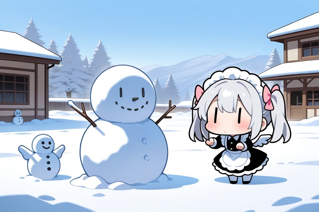 雪だるまを作るチビメイドさん