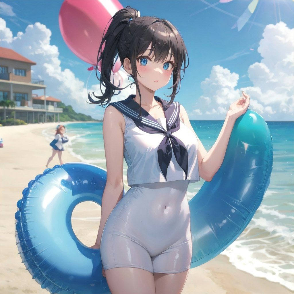 海の家で風船を膨らませて遊ぶ黒髪ポニーテールのセーラー服の美少女
