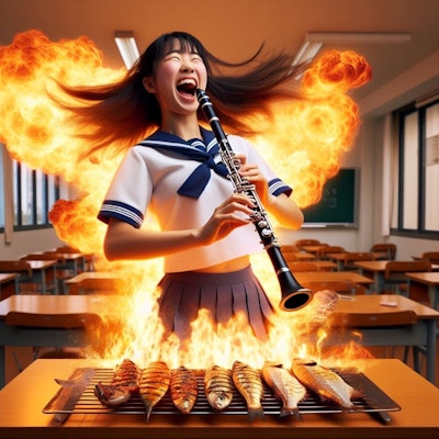 【謎画像】クラリネットを吹く気合で魚を焼く女子高生