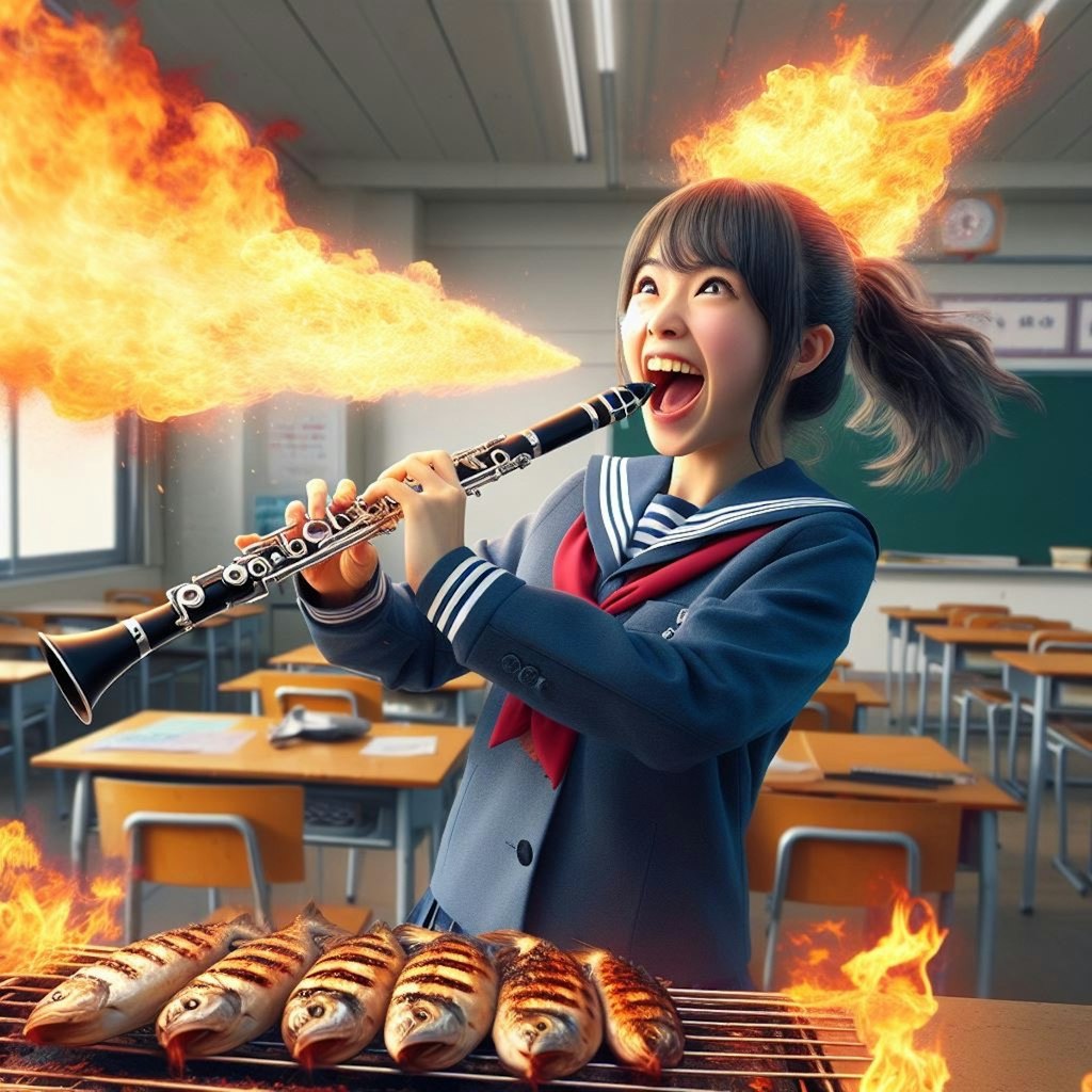 【謎画像】クラリネットを吹く気合で魚を焼く女子高生