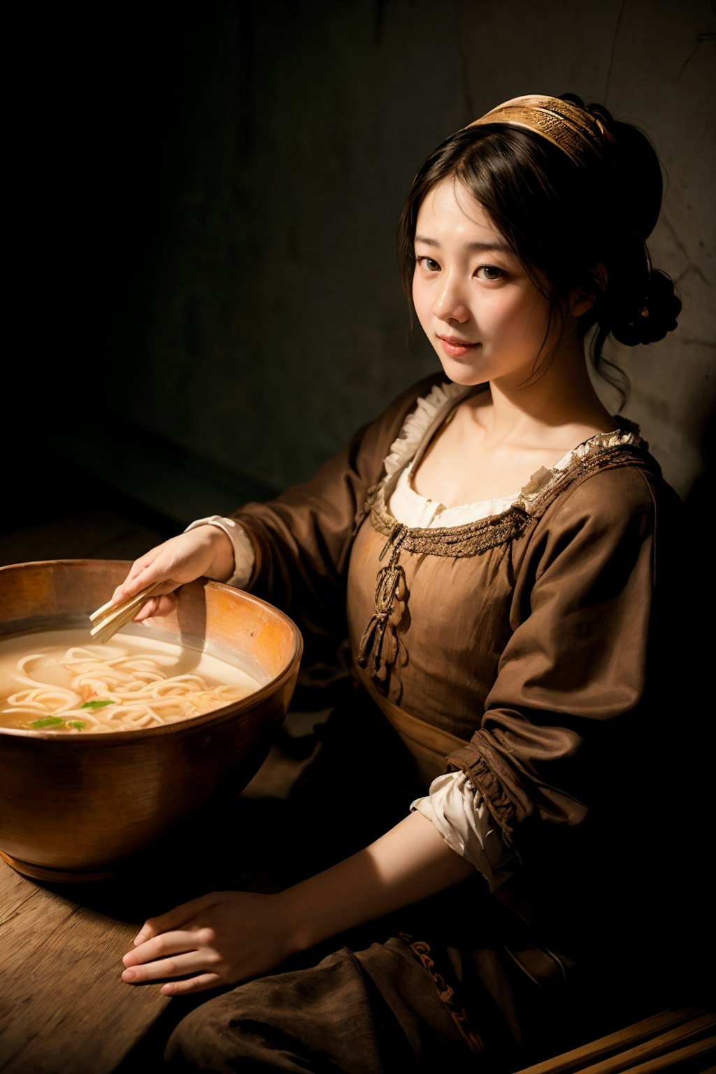 ラーメンを食べる女（レンブラント風）