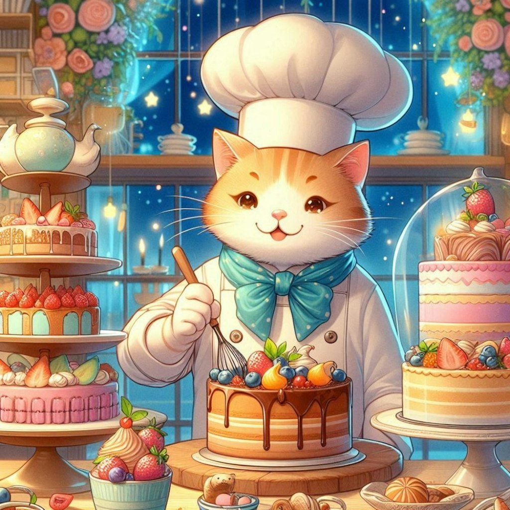 ファンタジー風 世界全種類のケーキを料理するケーキ屋パティシエ猫