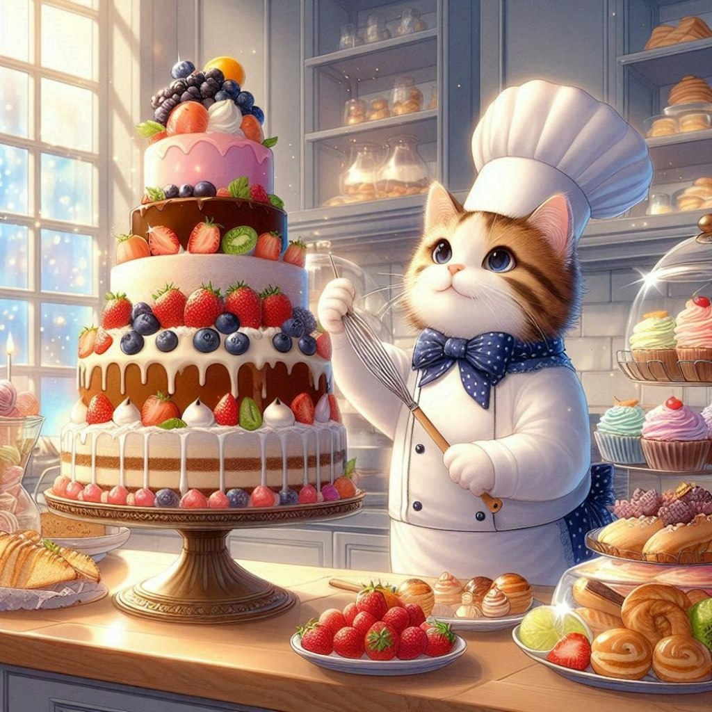 ファンタジー風 世界全種類のケーキを料理するケーキ屋パティシエ猫