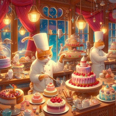 ファンタジー風 世界全種類のケーキを料理するケーキ屋パティシエ猫