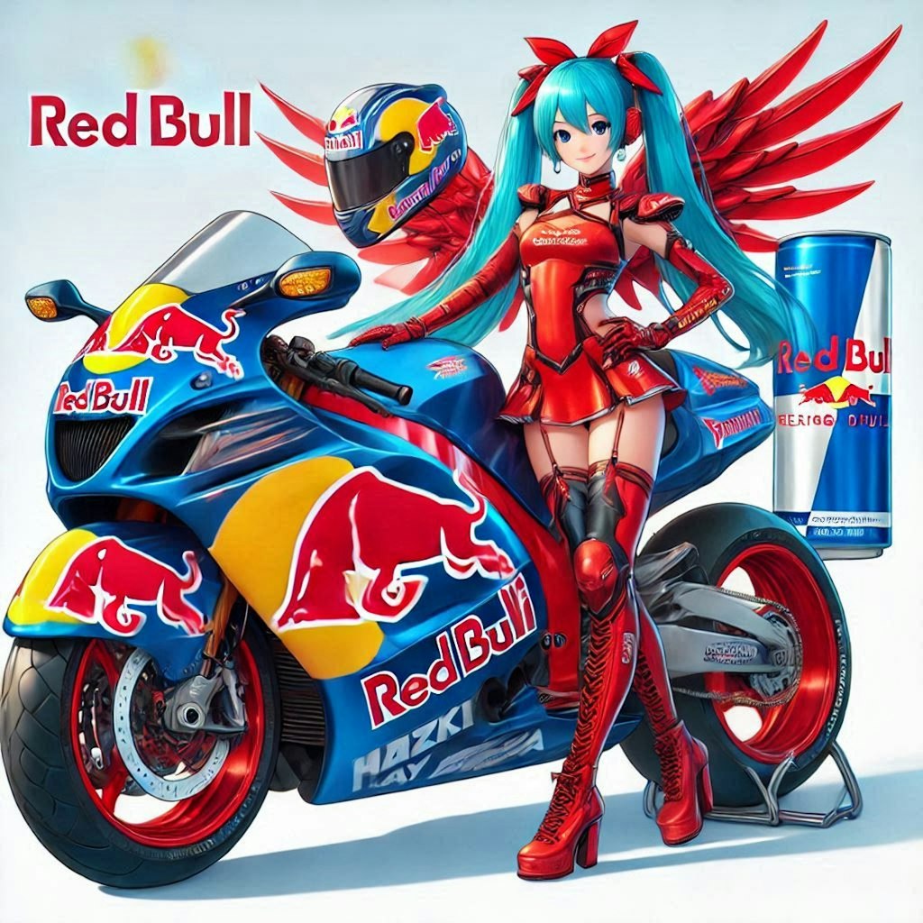 レッドブルスズキ隼レーシングバイクとチアガール初音ミク