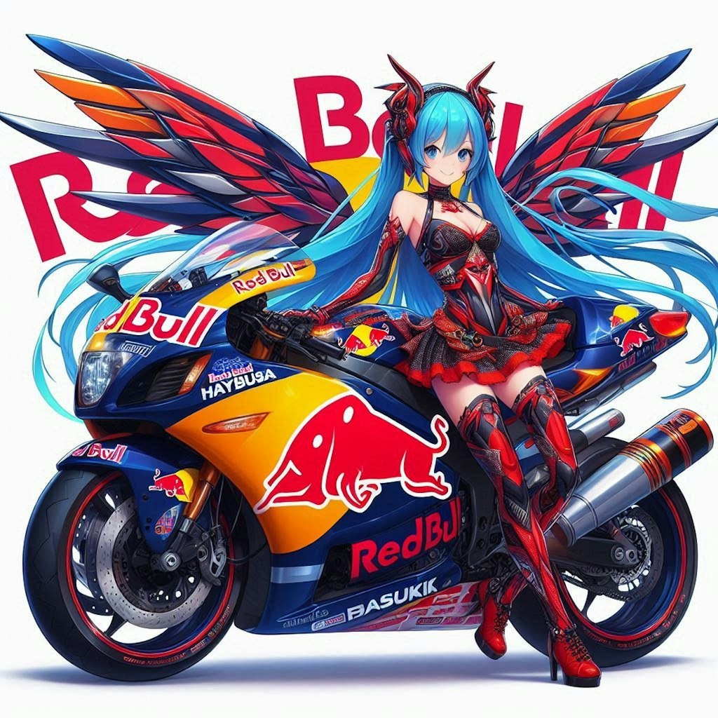 レッドブルスズキ隼レーシングバイクとチアガール初音ミク