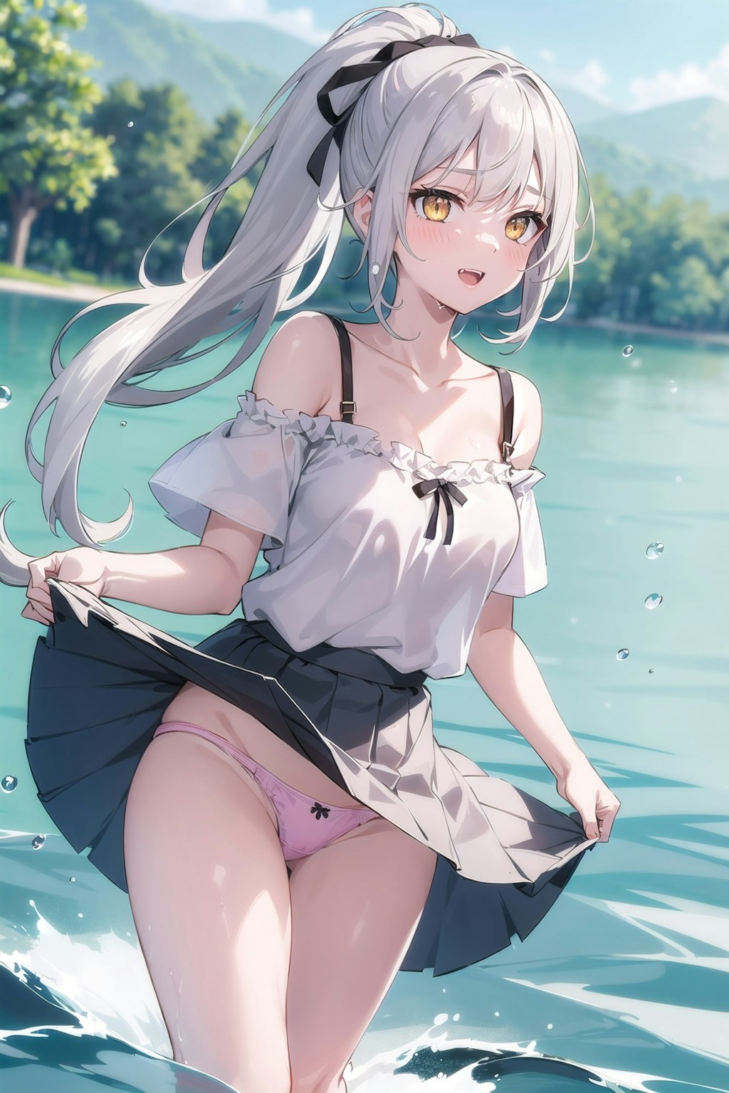 湖畔の銀髪ポニーテール水遊び版