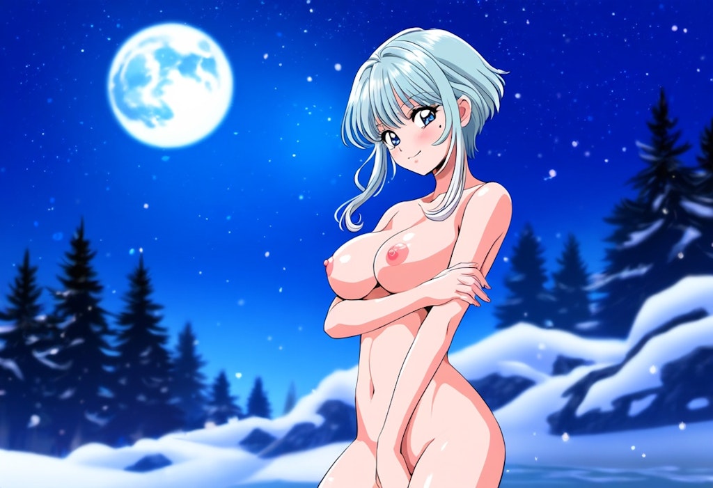 星降る夜の下で水浴びする雪女